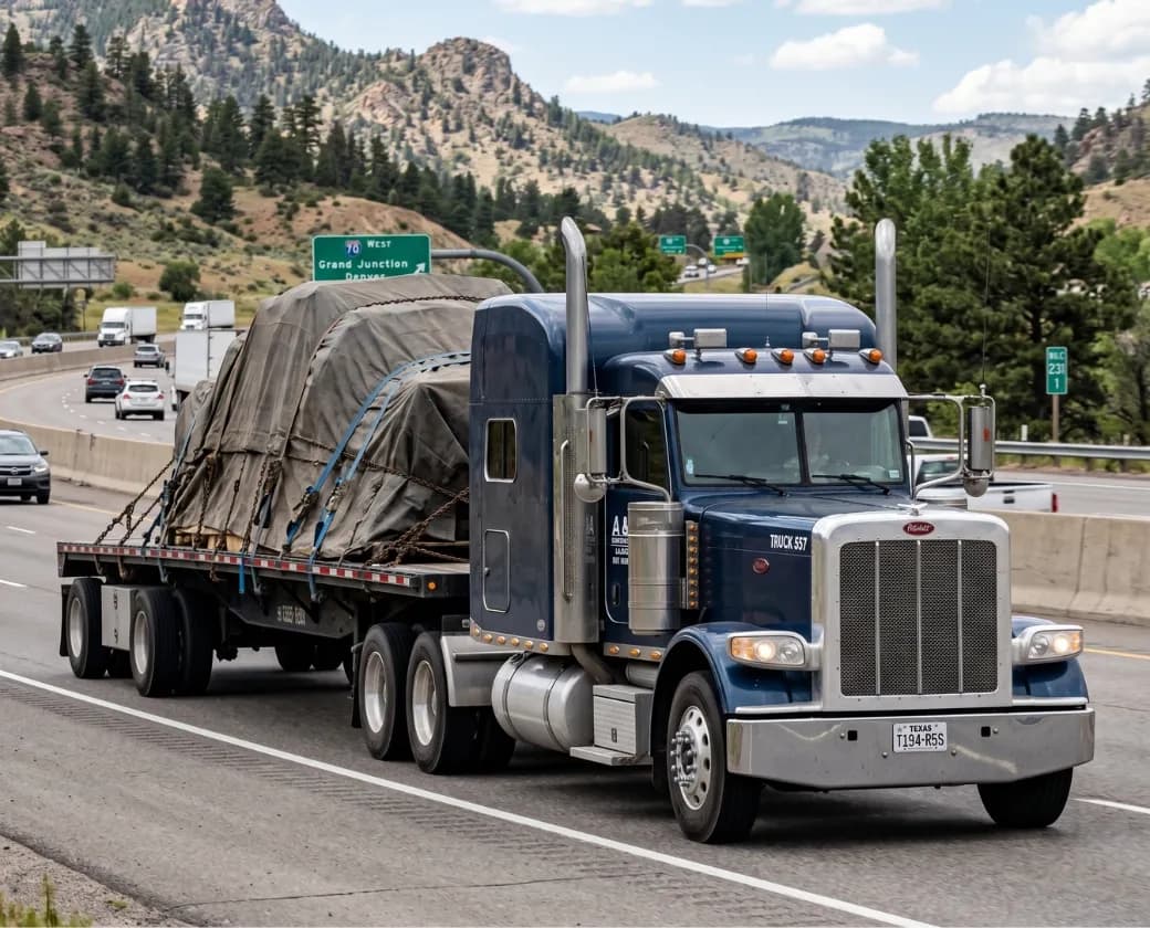Flatbed trailer hauling a secured steel load on the highway