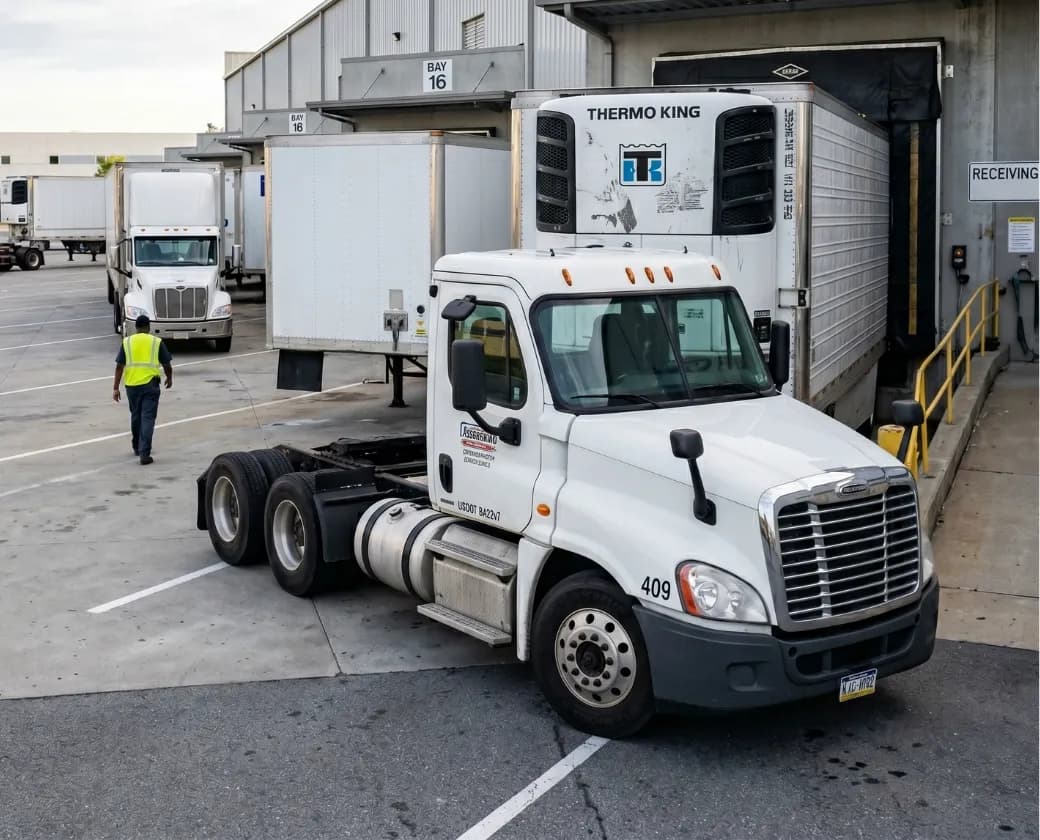 Row of refrigerated reefer trailers with ThermoKing units